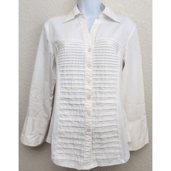 NY Collection White Tuxedo Pleated Button Up Deep V Neck Top Medium Lightweight - Picture 1 of 7